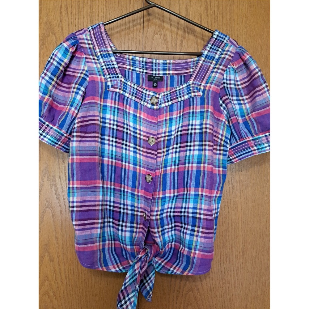 Talbots Women's Linen Plaid Button-Up Puff Sleeve Blouse Top Mp